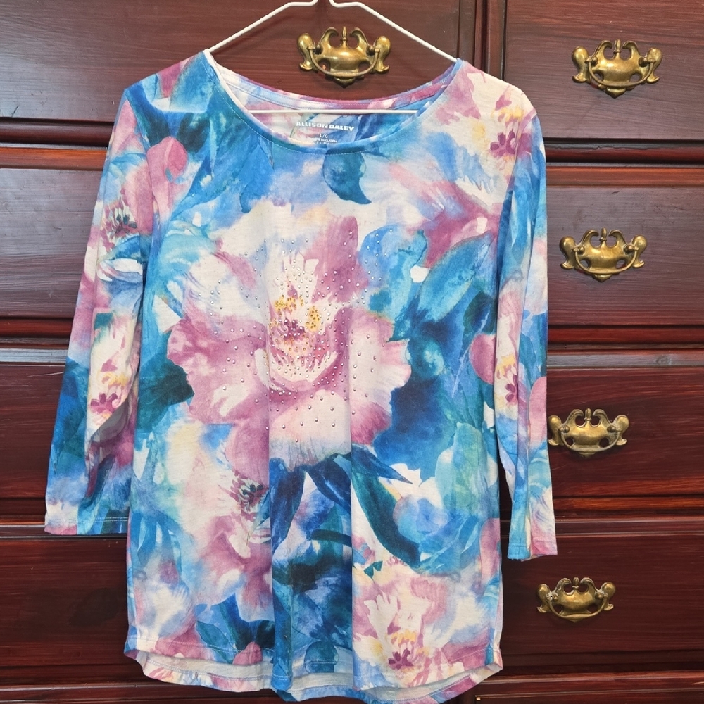 Allison Daley Blue Pink Floral 3/4 Sleeve Top Size L